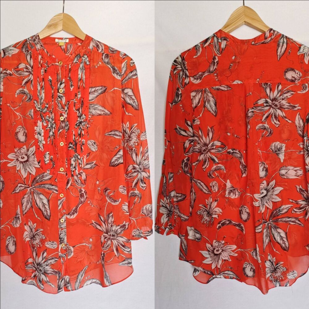 Leifsdottir Cattleya Tunic Blouse Floral Orange Red‎ Silk 2 Button Up Tab Sleeve